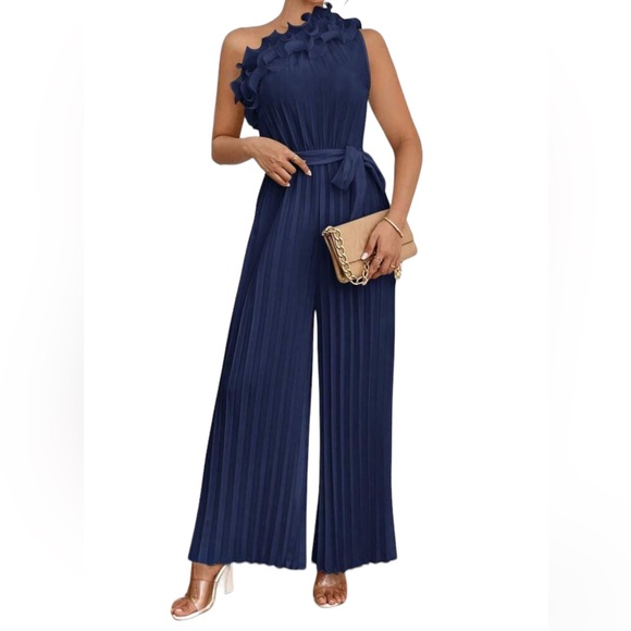 Navy Blue Pleated Asymmetrical Neckline Sleeveless Jumpsuit - Picture 2 of 6